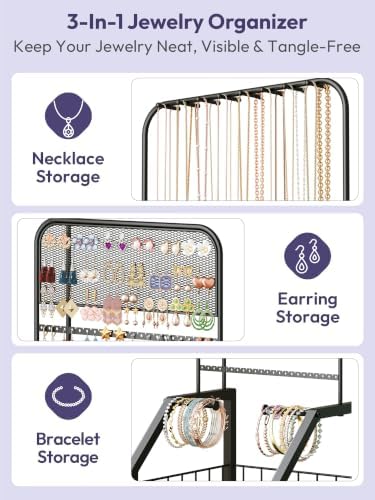 SWTYMIKI Rolling Jewelry Organizer Stand, Metal Jewelry Display Storage Holder with Large Capacity Drawer & Wheel, 35 lb Weight Capacity, Stores Necklace, Earring & Bracelet - Image 5