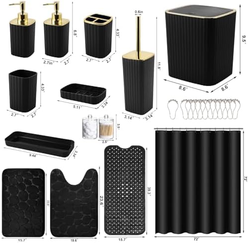 XLHOMO 26PC Bathroom Accessories Set - Gorgeous Black Bathroom Set, Bathroom Accessory Set, Black Shower Curtain Set with Bathtub Mats for Shower Tub - Image 2