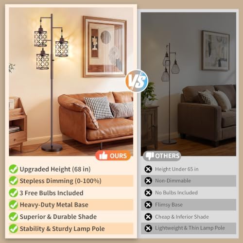 Industrial Tree Floor Lamp, Dimmable Farmhouse Tall Standing Lamp with Quatrefoil Cutout Shades & Rotary Dimmer Knob, Corner Light for Living Room Bedroom, 3 x800LM Bulbs Included-68 Brown - Image 5