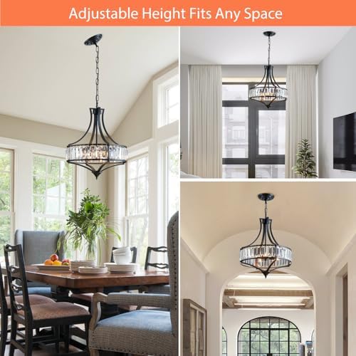Crystal Chandeliers for Dining Room, Round Rustic Farmhouse Chandelier, Metal Shade, 4-Light Modern Chandelier for Hallway, Bedroom, Foyer Black - Image 5