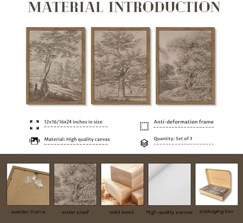 Framed Vintage Landscape Wall Art Set of 3, Wabi Sabi Tree Canvas Wall Decor Paintings, Neutral Rustic Botanical Artwork Prints Pictures for Farmhouse Living Room Bedroom 12x16 Inch - Image 3