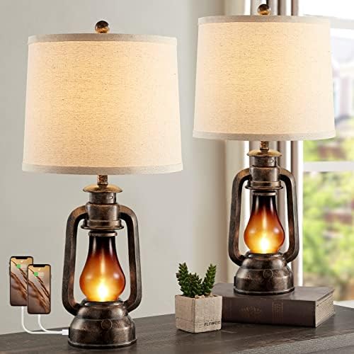 Farmhouse Lantern Table Lamps for Living Room Set of 2 with USB C+A by RORIANO