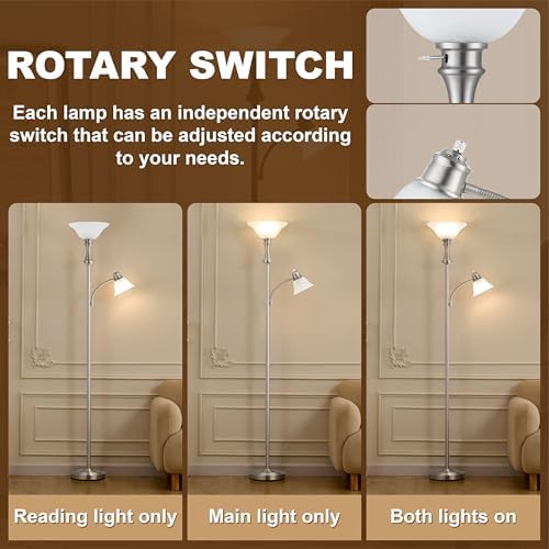 Torchiere Silver Floor Lamp with Adjustable Angle Reading Lamp-71IN - Image 2