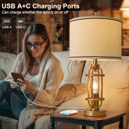 G-SAFAVA 23.75'' Table Lamps Set of 2 for Living Room Bedroom Industrial Farmhouse Metal Touch Lamps with USB A+C Ports, Night Light Vintage Nightstand Bedside Lamp, Bulbs Included, Antique Gold - Image 3