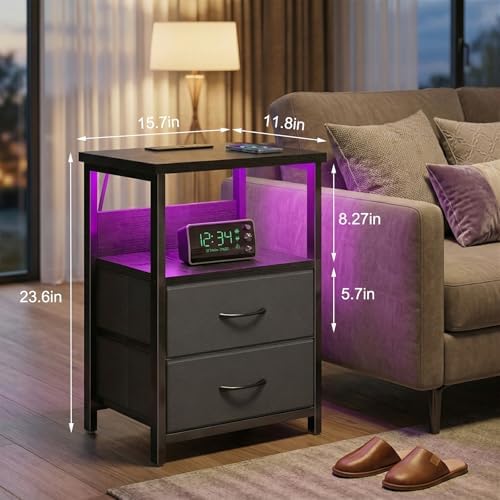 Fixwal Black Nightstands Set of 2, Led Night Stand with Charging Staion - Image 3