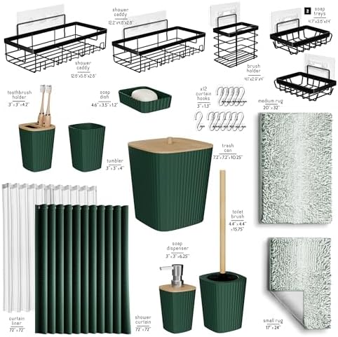 Clara Clark Bathroom Accessories Set - 27PC Bathroom Set with Adhesive Corner Shower Caddy Hanging, Bathroom Sets with Shower Curtain and Rugs, Ombre Green Shower Curtain Set with Bathroom Trash Can - Image 3