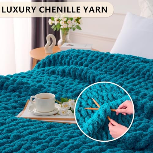 L'AGRATY Chunky Knit Throw Blanket for Couch, 60'' x 80'' Knit Throw, Teal - Image 3
