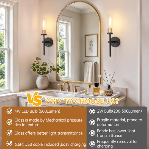Shenmoyl Set of 2 Wall Sconces, 5200 mAh Battery Operated Wall Sconce with 3 Colors & Remote Control, Black Gold Rechargeable Wall Lamp with Clear Glass Shade for Bedroom, Bathroom, Stairwell, Hallway - Image 4