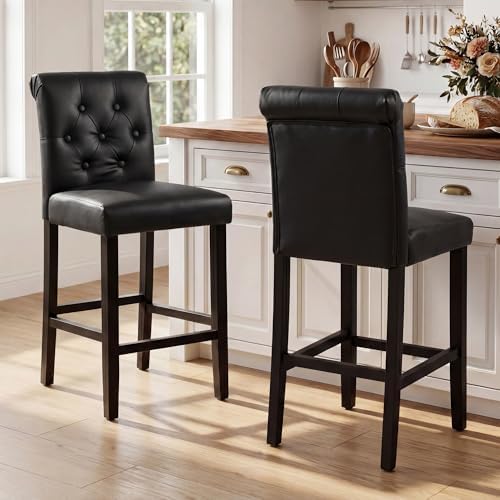 LSSBOUGHT 24 Inches Leather Counter Height Stools Set of 2 with Solid Wood Legs Bar Chairs for Kitchen lsland & Dining Room(Black,2PCS) - Image 5