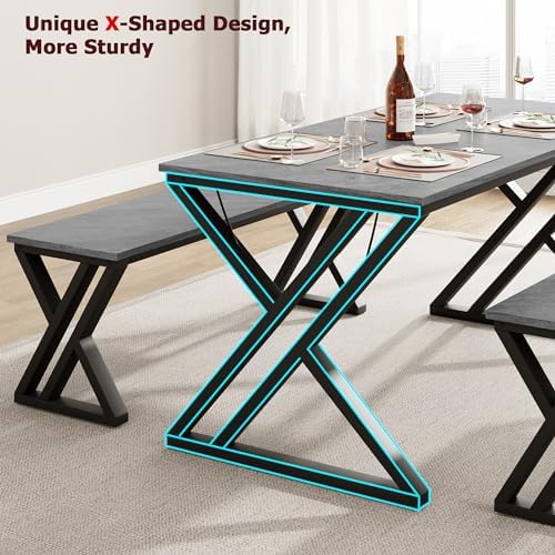 GarveeHome Kitchen Table with 2 Benches, Dining Table Set for 4,Grey - Image 3