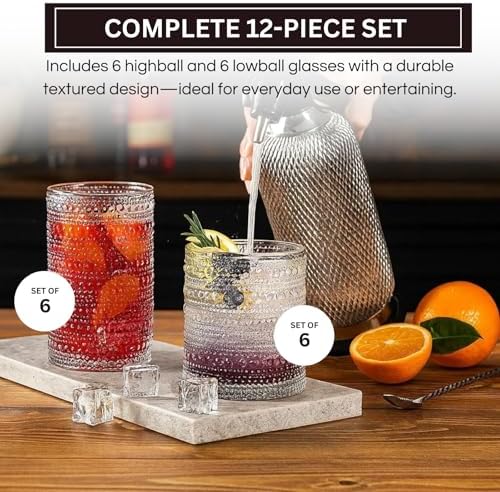Khen Vintage Hobnail Drinking Glasses Set of 12, 13oz Highball Glasses & 10 oz Lowball Tumblers, Kitchen Water Glasses Cup, Bar Water, Juice, Cocktails Beer, Milk Indoor/Outdoor Bar & Party Drinkware - Image 3