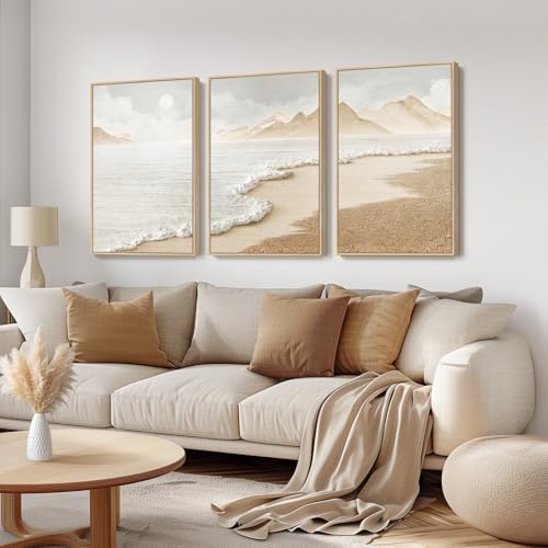 Framed Boho Beach Wall Art, 3 Piece Ocean Decor for Living Room, 30x60 Inch by Cuspin