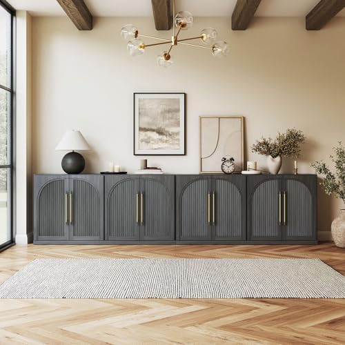 BELLEZE Set of 2 65" Sideboard Cabinet with Double-Arc Wood Doors, Large Buffet Cabinet with Storage and Adjustable Shelves, Classic Modern Console Sideboard for Living Room Kitchen Entryway (Ebony) by BELLEZE