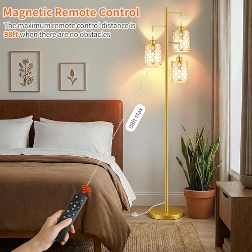 72" Dimmable Floor Lamp with Remote & Timer, Modern Industrial Standing Lamp for Living Room Bedroom, 3 Individually Controlled Heads, 2 Height Options, 3 x 800LM LED Bulbs Included - Gold - Image 3