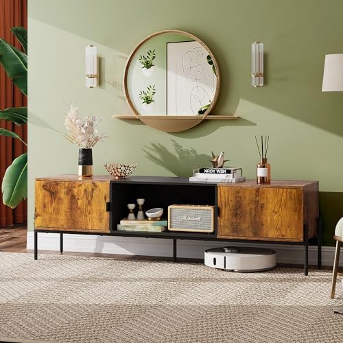 WLIVE 58" TV Stand for 65 Inch TVs, Mid Century Modern Entertainment Center with 2 Storage Cabinets & Open Shelf, Media Console Table with Metal Legs for Living Room, Bedroom, Rustic Brown - Image 2