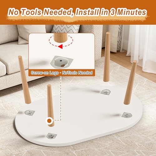 Coffee Table Low Table with Solid Wood Legs, 31.5x19.7 Large Coffee Table Side Table, Floor Table Desk for Sitting on The Floor, Living Room Furniture for Office Apartment Home, Oval White - Image 6