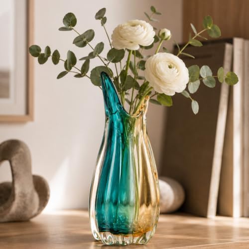 Hand Blown Teal Amber Colorblock Glass Vase, Modern Home Table Centerpiece by orenm