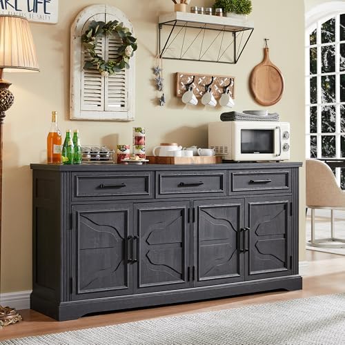 JXQTLINGMU 66" Farmhouse Buffet Cabinet with Storage, Sideboard Credenza, Carved Cloud-Inspired Doors, 3 Drawers & Adjustable Shelves, Coffee Bar Cabinet, Black by JXQLINGMUFurniture