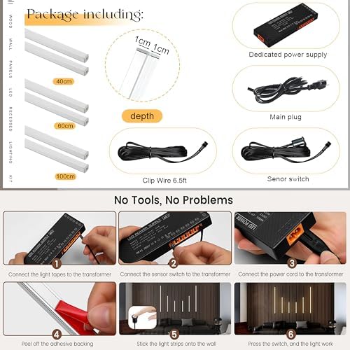 6-Lights LED Recessed Lighting Wall Panel Lights,Self-Adhesive Wood Slat Wall Panel Strip Light,4000K Touchable Switch Dimmable LED Aluminum Channel lamp,Under Cabinet Light(39in+31.5in+23.6in) - Image 6