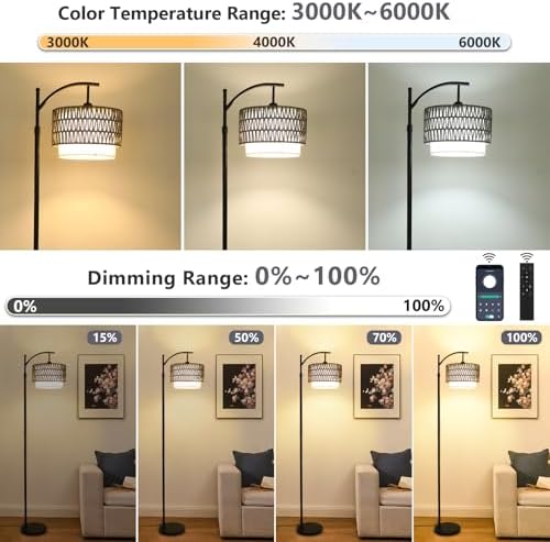 eyassi Floor Lamps for Living Room, Arc Standing Lamp with Remote & Dimmable Bulb, Boho Rattan Floor Lamp for Bedroom with 3 Color Temperatures, Farmhouse Tall Lamp, Height Adjustable Stand up Lamp - Image 2