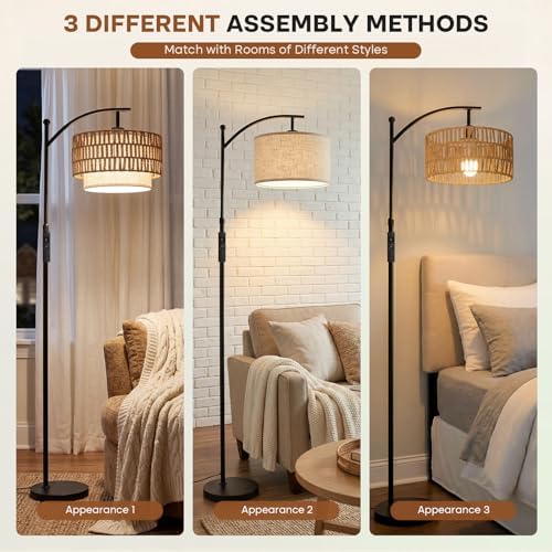 Arc Floor Lamp for Living Room with Remote, 57.5"-67" Height Adjust Dimmable Bulb Floor Lamps with 3 Color Temps, Boho Standing Lamp with Rattan & Fabric Shades, Farmhouse Tall Lamp for Bedroom Corner - Image 6