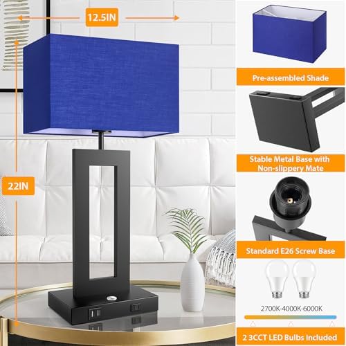 3 Color Temperatures Table Lamps for Bedrooms Set of 2, 22’’ Touch Control Bedside Nightstand Lamps with 2 USB Ports & AC Outlet, Stepless Dimmable Lamps with Blue Shade, Modern Decor for Living Room - Image 6