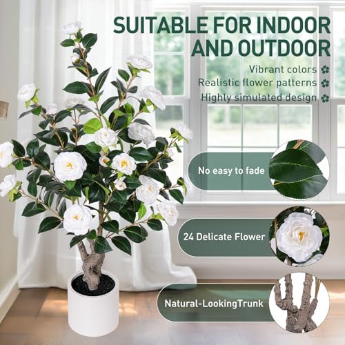 Yepdin 2 pcs Pack Artificial Camellia Tree with White Planter - 39 inch Tall Fake Tree,3.2 Ft Artificial Plants Indoor & Outdoor Housewarming Gift - Image 6