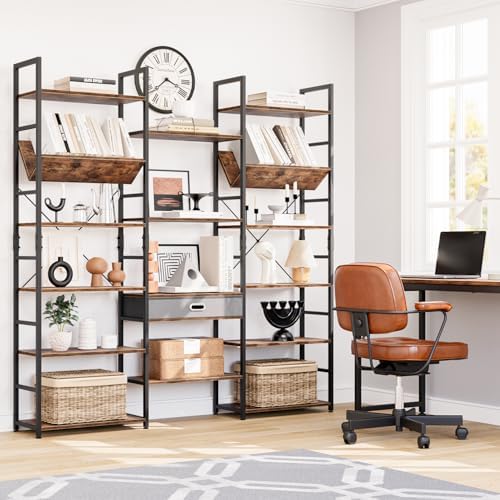 NUMENN Triple Wide 6 Tier Bookshelf with Drawer & Open Shelves, Vintage - Image 4