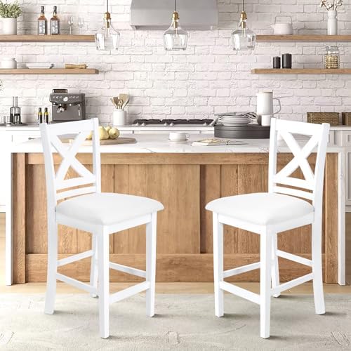 COLAMY Upholstered Counter Height Bar Stools Set of 2, Modern Kitchen Island Barstools Chairs with Cross Back and Wood Legs for Dining Room Bar, Grey White Wash - Image 3
