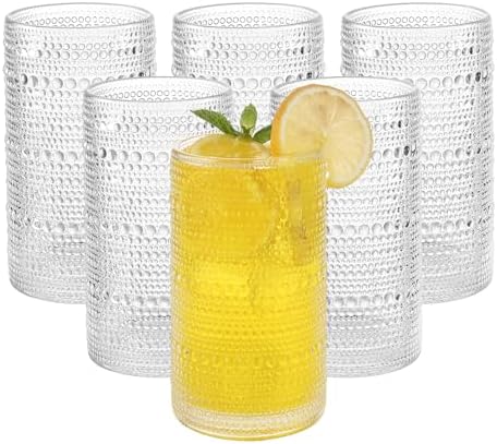 Vintage Hobnail Drinking Glasses Set of 6, 16 oz Large Capacity Embossed Clear Tumblers, Highball Glasses for Water, Cocktail, Beer, Whiskey, Kitchen & Bar Use by Unknown
