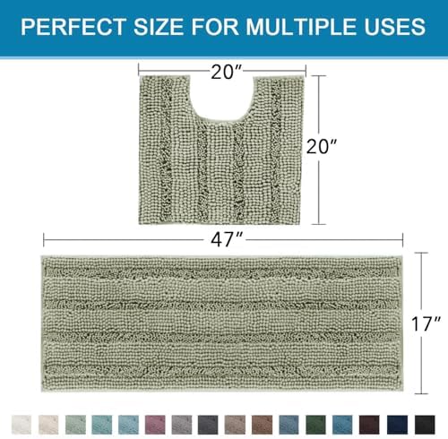 H.VERSAILTEX Bathroom Rug Sets 2 Piece Bath Mats Non Slip Thick Soft Chenille Striped Bath Rug achine Washable Shower Floor Rugs for Tub, Shower and Floor (Eucalyptus Green, 47"x17" Plus 20"x20" U) - Image 2