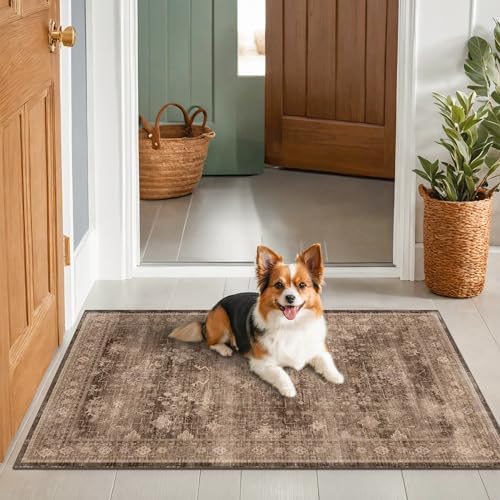 Brown Boho Washable Entry Rug, 3x4 Rugs for Entryway Kitchen Bathroom Door Mat Indoor Entrance, Non Slip Rubber Backing, Stain & Fade Resistant, Earthy Taupe Floral Design by HazoHaus