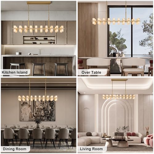 Alabaster Rectangular Chandelier for Dining Room, L54in Modern Chandeliers, Adjustable Marble Pendant Light Fixture, Rectangle Chandelier for Dining Table Living Room Kitchen Island(Brass) - Image 2