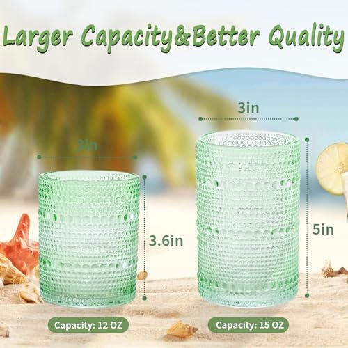 Hobnail Beaded Drinking Glasses Set of 12, 12 oz & 15oz Vintage Glassware Set Romantic Water Glasses Tumbler, Water Cups, Embossed Glassware Set for Beer, Juice, Cocktail, Soda, Beverages Green - Image 5