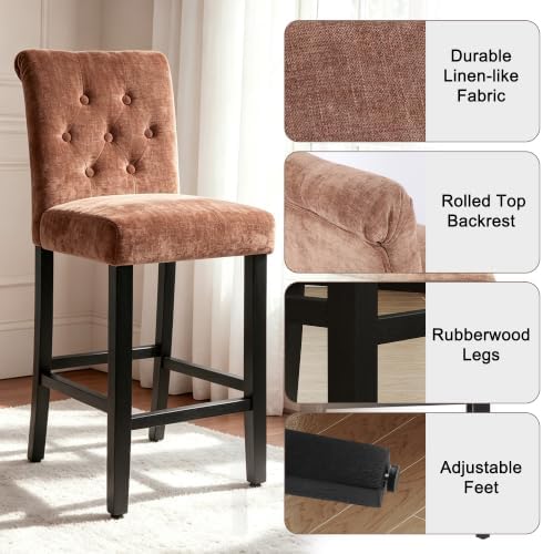 LSSBOUGHT Counter Height Barstools Fabric Upholstered Counter Stool with Rubber Wood Legs Bar Chair for Kitchen Island (Brown, Set of 4) - Image 3