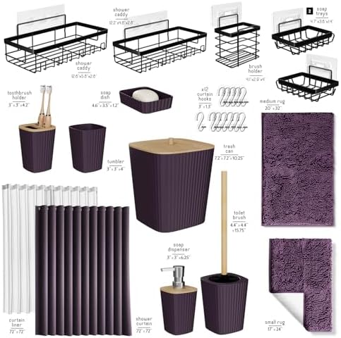 Clara Clark Bathroom Accessories Set - 27PC Bathroom Set with Adhesive Corner Shower Caddy Hanging, Bathroom Sets with Shower Curtain and Rugs, Purple Shower Curtain Set with Bathroom Trash Can - Image 3