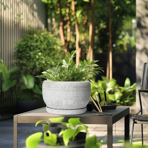 SQOWL Ceramic Flower Pots - 10 Inch Plant Pot Indoor with Drainage Hole and Saucer, Modern Ceramic Planter Outdoor, Decorative Large Round Planter, Bedroom Decor, Plant Lovers Gifts, Gray - Image 5