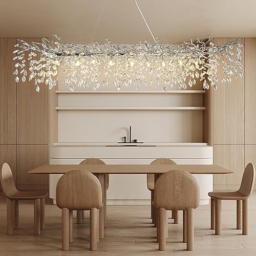 YUYI 71" Silver Tree Branch Chandelier, 20-Light Modern Rectangular Crystal Chandelier, Luxury Chandeliers for Dining Room, Kitchen Island, Living Room, Top K9 Crystal Raindrop Light Fixture by YUYILIGHTING