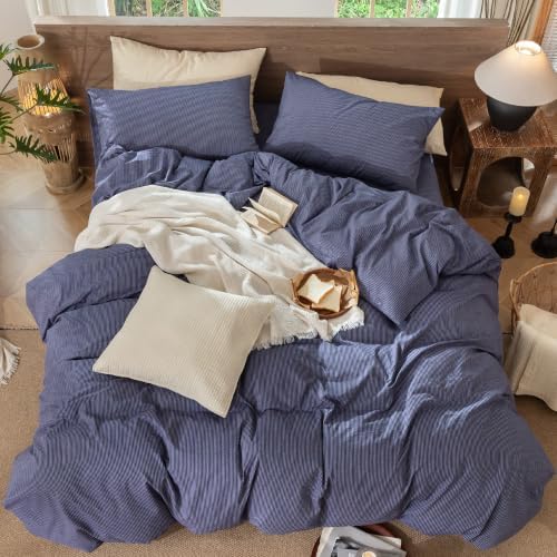 MooMee Striped Duvet Cover Set 100% Washed Cotton Linen Like Queen - Image 4