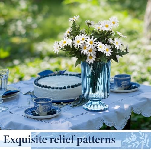 6 Pcs (H:7" W:4") Embossed Flower Vase Pedestal Glass Vase, Blue - Image 4
