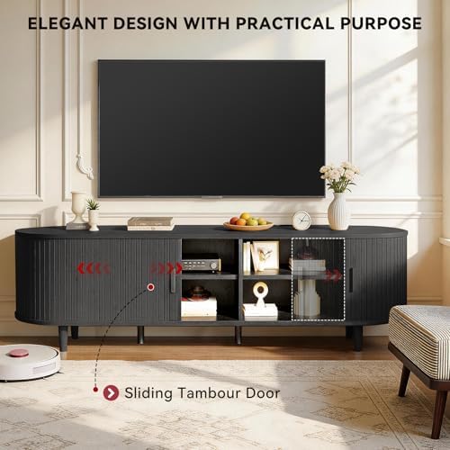70" Mid Century Modern TV Stand with Power Outlet, Fluted Entertainment Center with Storage and Adjustable Shelves, Wood TV Console with Sliding Doors for Living Room, Black - Image 4