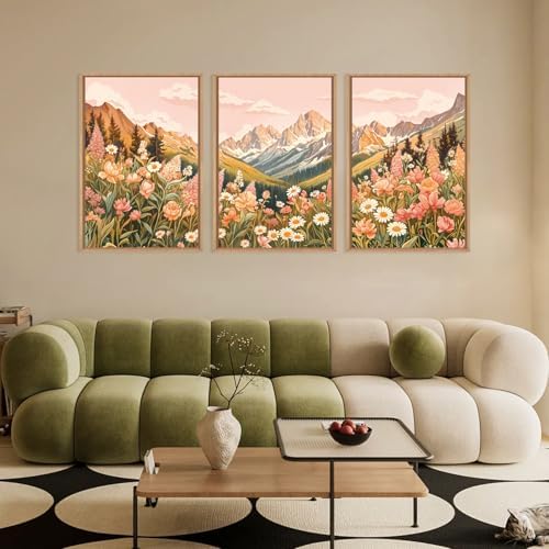 LHIUEM Large Abstract Colorful Mountain Framed Canvas Wall Art,Boho Pink Flower Wall Decor, Nature Wildflower Wall Painting,Bohemian Artwork for Living Room,Bedroom,Dining Room,Office -16"x24"x3 - Image 2