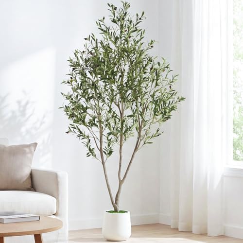 7FT Artificial Olive Tree Indoor with White Pot Tall Planter, Faux Olive Tree with Natural Wood Trunk and Lifelike Fruits for Home Office Living Room Decor - Image 6