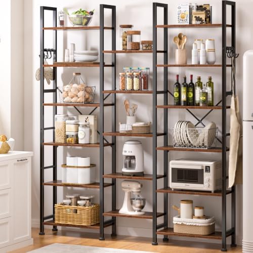 Furologee Triple Column 6 Tier Bookshelf, Large Bookcase with 17 Display Shelves, Wide Book Shelf with 6 Hooks, Adjustable Rustic Bookshelves Storage Organizer, Shelving Unit for Living Room, Office - Image 5