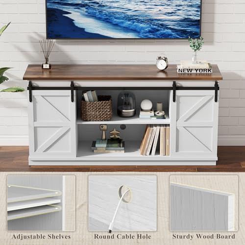 YESHOMY 58" Farmhouse TV Stand for TVs up to 65", Sliding Barn Doors, White - Image 6