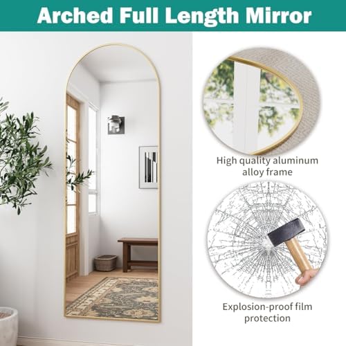 57"x20" Arched Full Length Mirror, Full Floor Mirror with Stand, Large Full Body Mirror, Wall Mirrors for Bedroom Living Room, Aluminum Frame (Gold) - Image 3