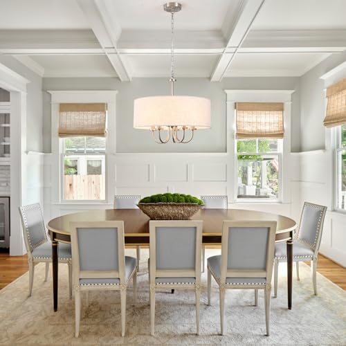 Drum Modern Chandeliers for Dining Room Light Fixture 5 Lights Brushed Nickel Chandelier with Linen Lampshade 19” Farmhouse Chandelier Large Pendant Lighting Fixtures for Foyer Entryway Kitchen - Image 3