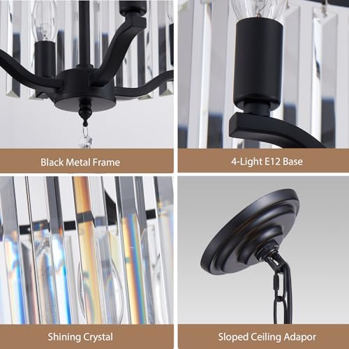 Black Crystal Chandeliers for Dining Room, 4-Light Modern Round Chandeliers 15.7" for Living Room Kitchen Hallway Bedroom Foyer Hall, Adjustable Height Hanging Light Fixture - Image 4