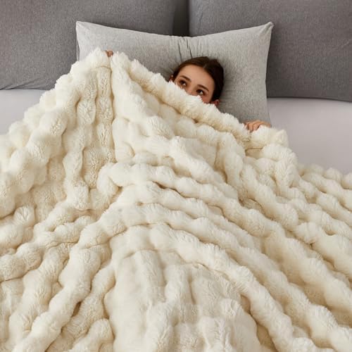 COOVA Soft Bubble Faux Fur Throw Blanket, 50"x60", Ivory White - Image 4