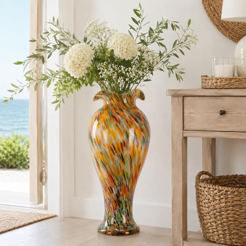 20" Tall Hand Blown Glass Vase – Pretty Ruffle Wide Mouth Decorative Flower Vase, for Modern Home Decor, Ideal Centerpiece for Living Rooms, Wedding & Home Decor by LINYTHER